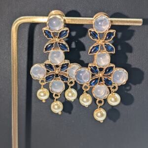 Well Made Gold Tone Non Metallic Blue Glass Pearl Dangle Long Post Earrings